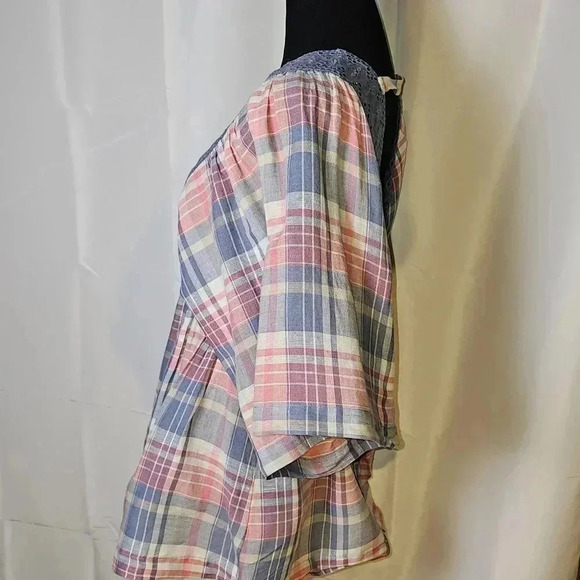 Free People Boho,Plaid/Lace Open Back Cottagecore Batwing Blouse XS - Picture 6 of 12